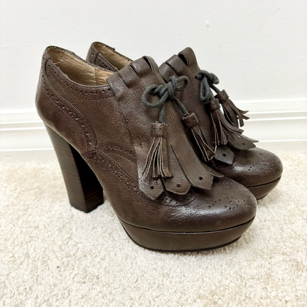 Frye Brown Leather Tassel Platform Heels
